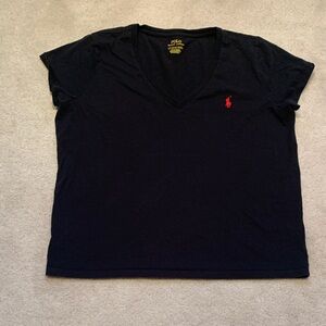 100% Cotton Polo Ralph Lauren Black V-Neck Tee with Red Pony Logo. Size XL